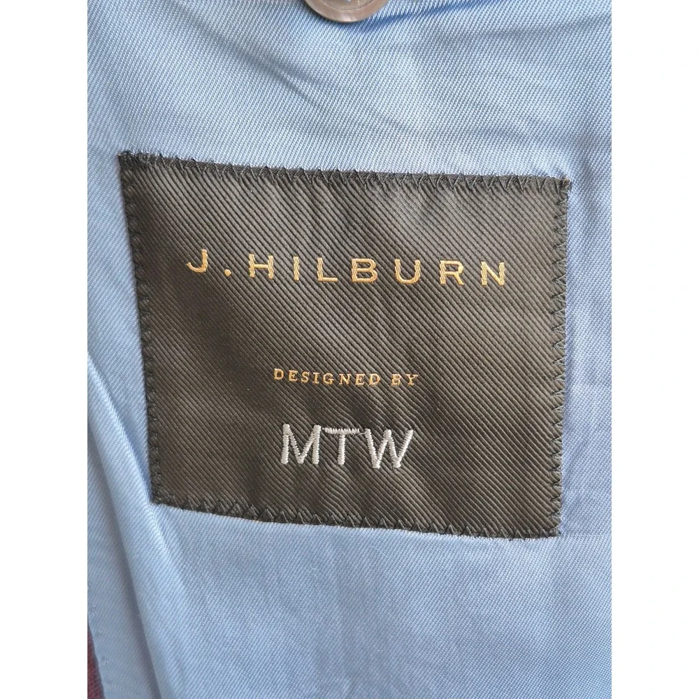 J. Hilburn Burgundy Blue Plaid Wool Sport Coat Blazer Portugal Custom 50 R L‎